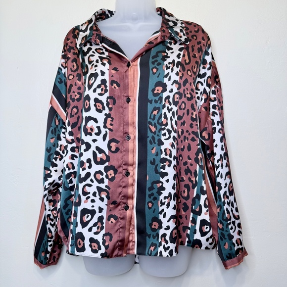 ASOS | Animal Print Stripe Lightweight Charmeuse Satin Oversized Boxy Blouse - Picture 3 of 15